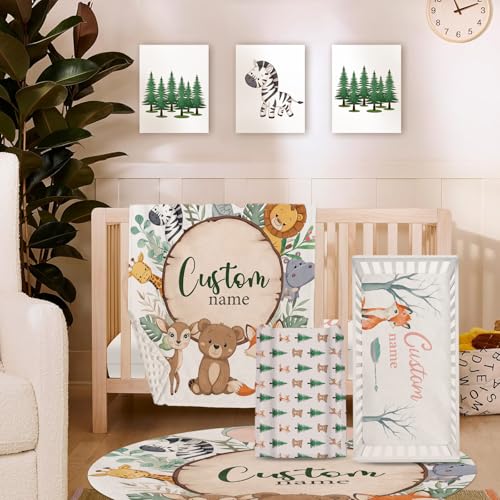 YISMEET TOOTANN Custom Baby Crib Bedding Set, 5 Pcs Personalized Name Baby Crib Sheets for Kid Toddler Infant, Forest Animals and Tree Stumps Nursery Bedding Set