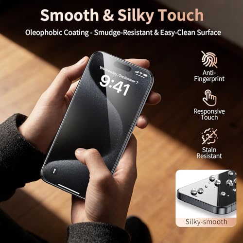 Image of 2 Pack for iPhone 15 Pro Screen Protector, 9H+ Hardness Tempered Glass Full Edge Coverage, Military-Grade Shatter Protection, HD Clear & Sensitive Touch, Easy Installation
