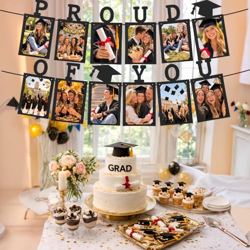 Image of Proud of You Graduation Photo Banner, Graduation Photo Display Decorations, Class of 2026 Party Decorations for College Senior, High, Middle, Junior, Kindergarten Pictures Display Grad Party Supplies