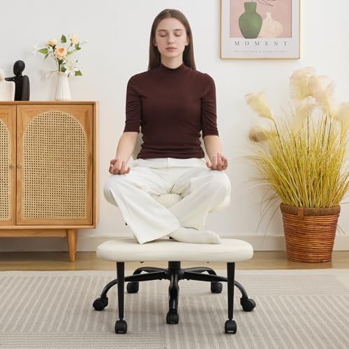 Image of Ergonomic Criss Cross Legged Office Chair, ADHD Chair, Wide Height Adjustable Seat 360 Swivel Footstool with Wheels, PU Leather Meditation Kneeling Chair, for The Restless Home Workers, Beige