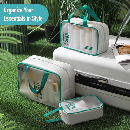 Image of KUKLAR 3 Piece Clear Toiletry Bag Set TSA Approved Cosmetic Makeup Bags with Handles Waterproof Travel Organizer Pouches for Carry-on Bag for Women & Men (Mint Green)