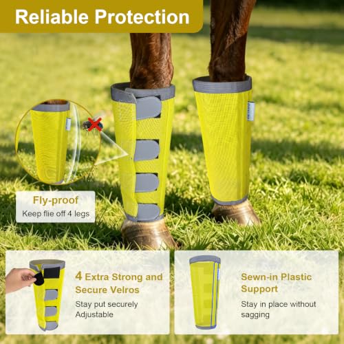 Image of Reflective Horse Fly Boots Set of 4, Loose Fitting Leggings for Horses, Equine Fly Leg Wraps Socks for 4 Legs, Breathable Adjustable and Universal Fit, Reliable Stay Put and on (Yellow)