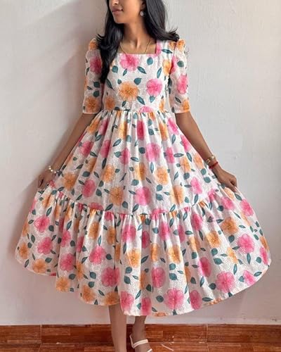 Image of Women's Printed Hakoba Maxi Dress -Cotton Lace Embroidered Sleeveless Boho Beach Dress with Flared Hem, Breathable & Elegant for Casual