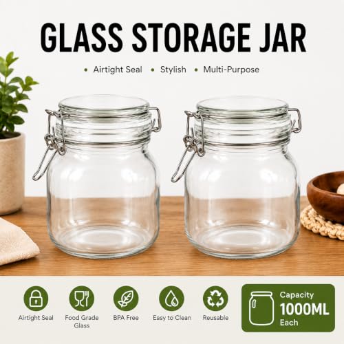 Image of Vasukie 1000ML Glass Jars With Airtight Leak Proof Lids | Wide Mouth Storage Canister Jars Perfect for Kitchen Canning, Dry Food, Spices, Pickle, Coffee, Tea, Snacks, Sugar, and More (Pack of 2)