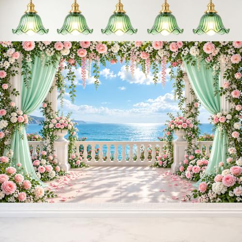 15x10ft Seaside Floral Arch Backdrop, Ocean View Wedding Photo Background