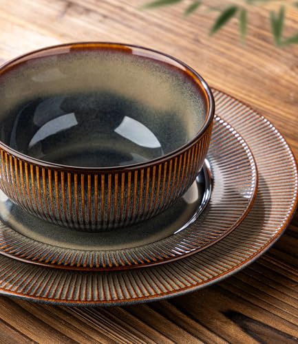 Image of TheTerra Stoneware Dinnerware Sets for 4, 12 Pieces Ceramic Plates and Bowls Sets, Scratch Resistant Embossed Dish Set, Oven, Microwave & Dishwasher Safe, Coca Mocha