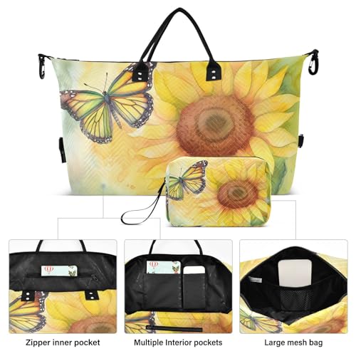Large Travel Duffel Bag, Sunflower Watercolor Butterfly Sport Tote Gym Bag, Shoulder Weekender Overnight Bag for Women Men, Carry On Luggage with Toiletry Bag2