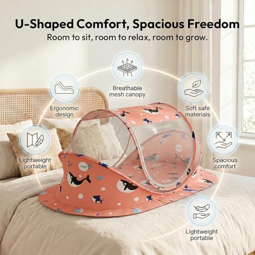 Image of StarAndDaisy Baby Mosquito net with Mattress for Baby, Portable Baby Lounger for Kids, Breathable mesh Mosquito Net. (Shark Print)