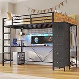 VIAGDO Loft Bed Twin Size with Hall Tree, Charging Station and LED Lights, Metal Loft Bed with L-Shaped Desk, 5 Storage Drawers, Heavy Duty Twin Size Bed with Stairs, No Box Spring Needed, Black