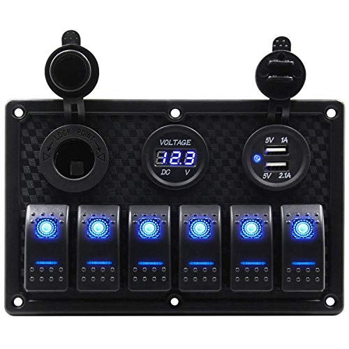 Gidren 6 Gang Waterproof Rocker Switch Panel With Dc 5V 3.1A Dual Usb Charger Digital Voltmeter Display Dc 12V Power Socket For Car Marine Boat Rv Vehicle Truck (Blue) #TOP9
