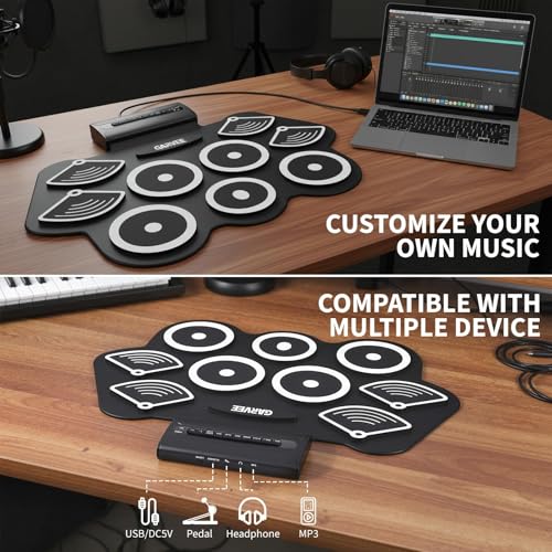 Image of Wireless Electronic Drum Set with 9 Pads, Portable Roll-Up Practice Kit for Kids & Beginners , Built-in Speaker, LED Lights, Recording & Headphone Output ,Includes Kick Pedal, Drum Sticks