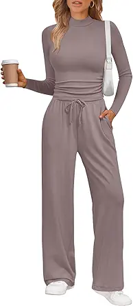 Trendy Queen Womens 2 Piece Matching Lounge Set Mock Turtleneck Top Wide Leg Pants Casual Sweatsuit with Pockets