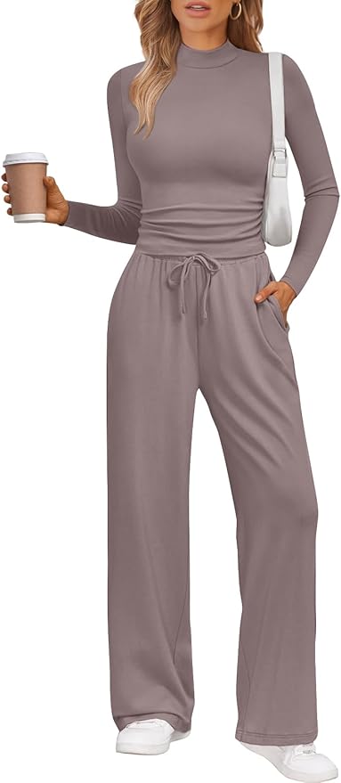Trendy Queen Womens 2 Piece Matching Lounge Set Mock Turtleneck Top Wide Leg Pants Casual Sweatsuit with Pockets