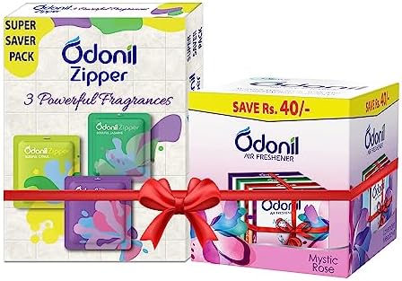Odonil Bathroom Air Freshener Combo - Zipper Mixed Fragrances - 30g (3 x 10g) + Blocks Mixed Fragrances - 192g (4 x 48g) | Long Lasting Fragrance | For Bathroom, Toilet, Home & Office
