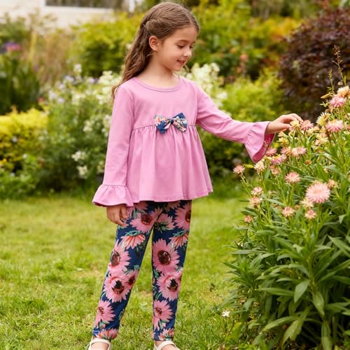 Image of Kids Toddler Girls Clothing Set Long Sleeve Top With Bowknot ＋Floral Print Pants 2 Pcs Fall Outfits Set