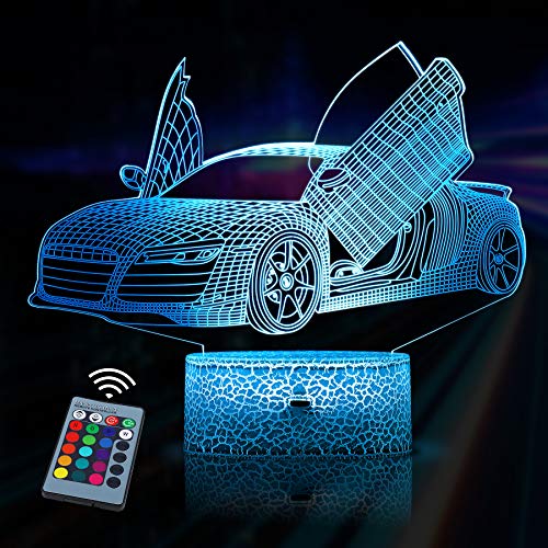 JQGO Veilleuse Voiture 3D pour Enfants, Lampe LED Illusion avec 16 Couleurs Changeantes et Télécommande, Cadeau d'anniversaire, Enfants Adultes Chambre Décor