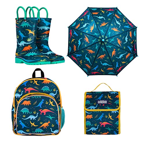 Wildkin Kids 12 Inch Backpack, Umbrella, Lunch Bag, And Size 13 Rainboots Ultimate Bundle Essentials (Jurassic Dinosaurs) #TOP24