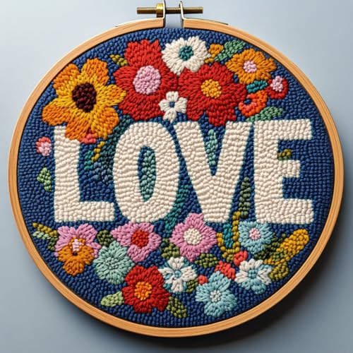 DIY Punch Needle Kits for Beginners Letter Love and Flowers with Hoop Embroidery Punch Needle Starter Set Easy for Adults and Kids Festival Gift and Decor 20x20cm-1