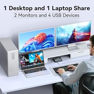 KVM Switch 2 Monitors 1 Desktop and 1 Laptop 4K@60Hz, 7-in-1 Dual Monitor KVM Switch Docking Station, Expand 2 HDMI Displays,4xUSB 3.0,PD 80W, Wired Remote and USB-C Cable Included