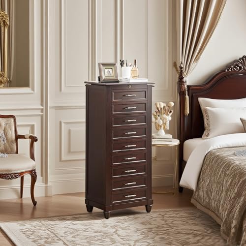 Stufurdecor 41in Dark Brown Jewelry Armoires,Full Locking Jewelry Armoire With Mirror,Extra Large Jewelry Cabinet With 9 Drawers For Women,Suitable As A Holiday Gift For Friends