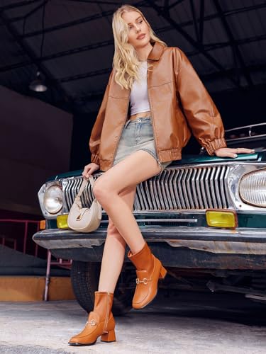 Womens Square Toe Ankle Boots Chunky Low Heel Metal Chain Side Zipper Dress Fall Booties Shoes2