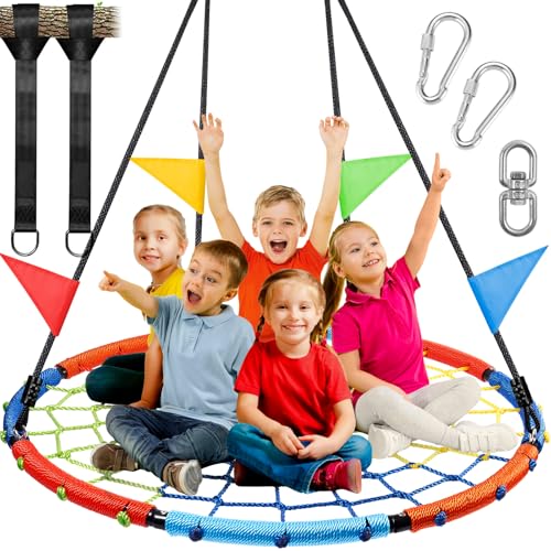 Odoland Spider Web Tree Swing, Outdoor Saucer Net Swing, 900D Oxford Platform Swing for Kids Adult, Backyard Round Flying Swing with Hanging Ropes Straps and Turnbuckle 43in Color Color 43in