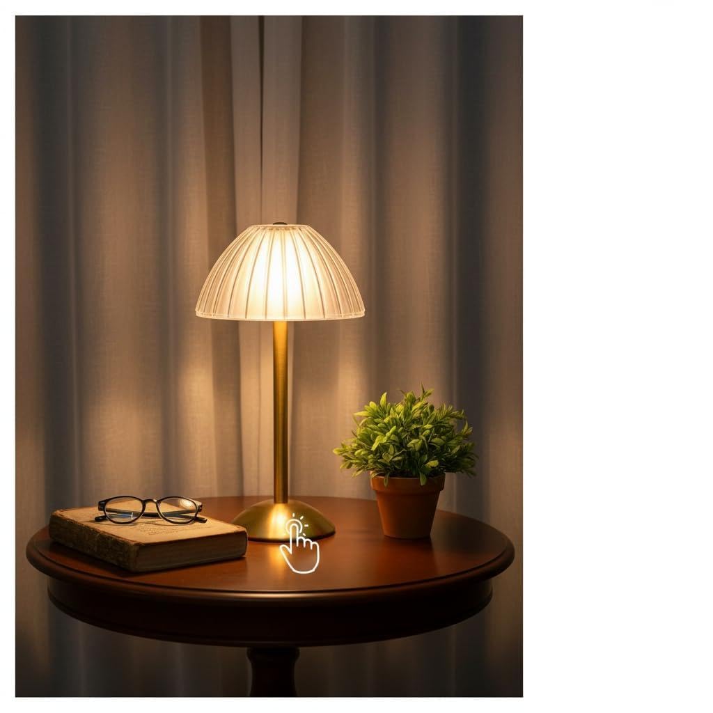 Retro gouden draadloze tafellamp, oplaadbare paddenstoel LED-tafellamp, 3 kleuren dimbaar en instelbare helderheid, batterij aangedreven touch tafellamp voor nachtkastje, woonkamer, slaapkamer