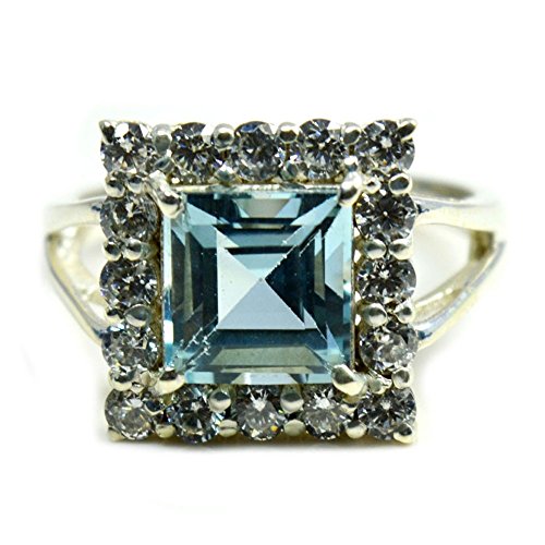 Bague Argent Sterling et Véritable Topaze Bleue Taille Princesse 925