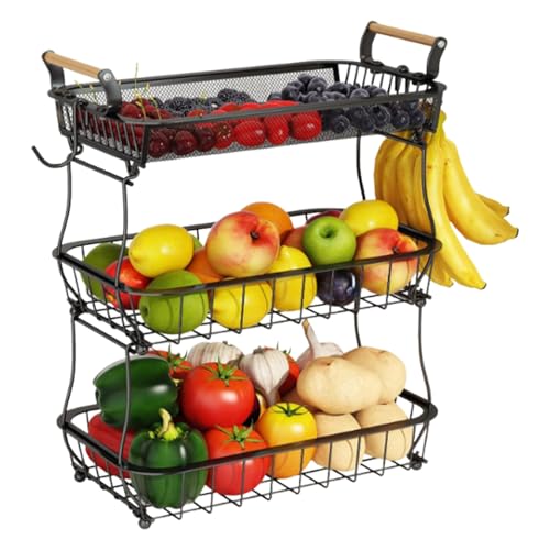 Generico Frutero, frutero de cocina de 3 niveles | Organizador de alambre de metal con ganchos plátanos para cocina, casa, despensa y restaurante