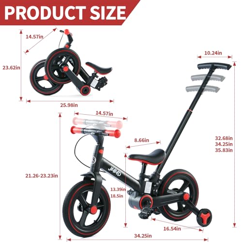 Jmmd S900-BLACK Toddler Bike With Push Handle For Kids 1-3 Years, 6 In 1 Push Bike With Training Wheels & Pedals, Balance Bike thumb #4