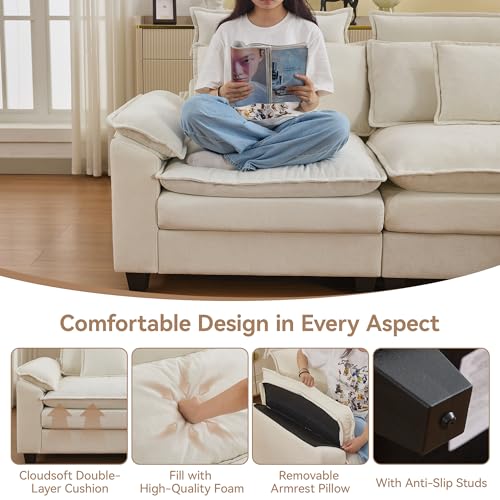 Image of 72'' Cloud Modern Loveseat Couch with Detachable Headrest, Modular Sectional Sofa Couch Deep Love Seat, Oversized 2 Seater Chenille Comfy Sofa with Armrests for Living Room, Beige