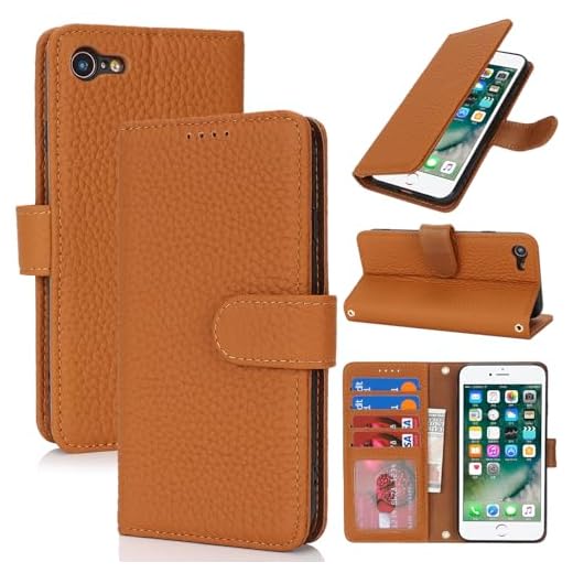 Zouzt Coque pour iPhone SE 2022/2020, iPhone 8/7 Cuir Véritable Etui Portefeuille avec 4 Emplacements pour Cartes, RFID Blocage, Antichoc, Protection Totale, Housse à Rabat Magnetique - Ambre