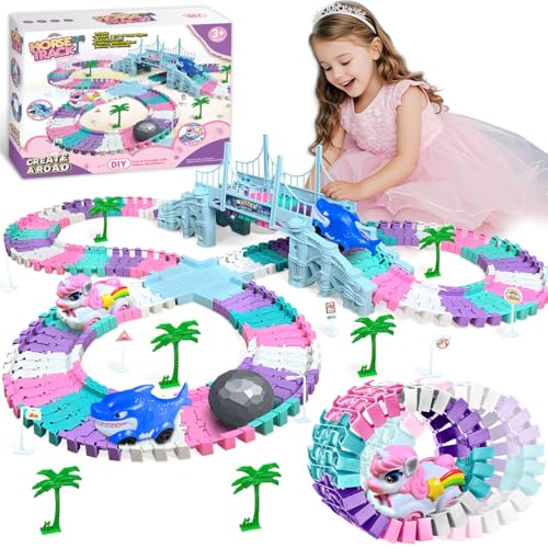 Dolanus Toys for 3-8 Year Old Girls: Unicorn Car Race Magic Tracks for Toddlers, Car Games for Kids Ages 3-5, Gifts for 4 5 6 7 8 Years Old Girls Presents - Flexible RaceTracks with 2 Electric Cars