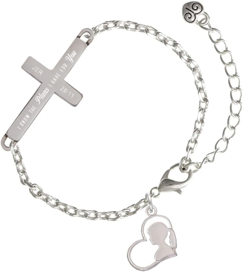 Delight Jewelry Silvertone Girl Silhouette in Heart I Have Plans for You Engraved Cross Charm Bracelet, 6.5+1.5" Extender