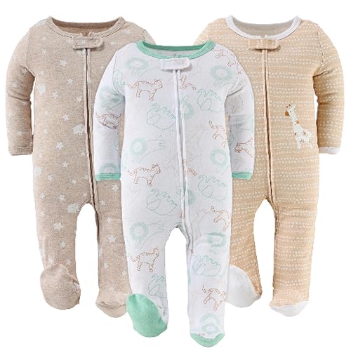 Image of The Peanutshell Baby Sleeper Set for Newborns (3-Pack) - Newborn Baby Boy & Girl Sleepers, Soft Cotton Footed Pajamas with Zipper - Serene Safari