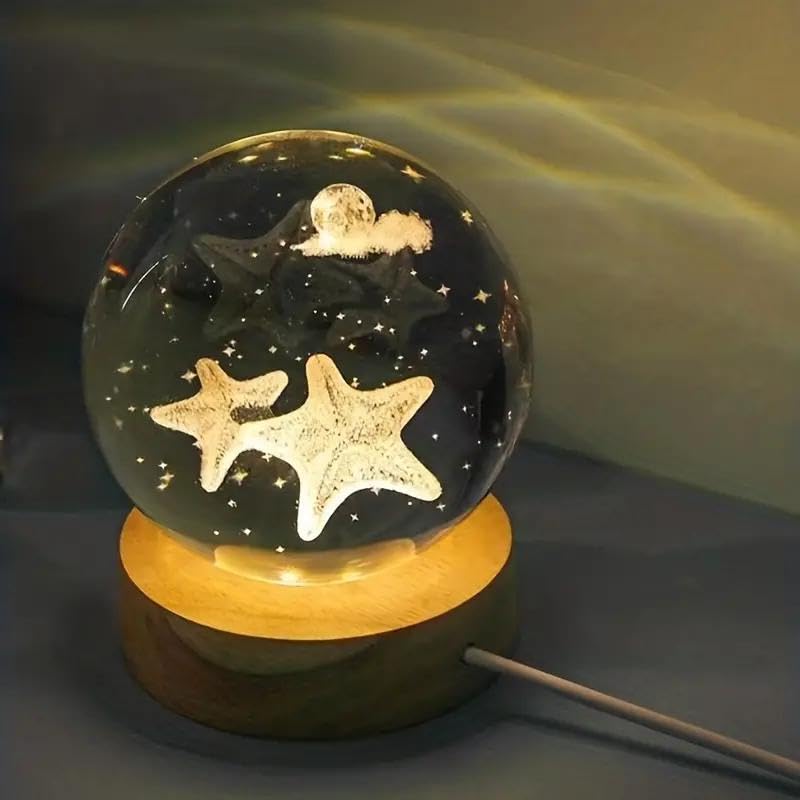 BOENJOY Gifts - 3D Crystal Ball Lamp Starfish Luminous Lamp with Wooden Base| 3D Laser Engraving Inside Crystal Ball | Warm White Light for Bedroom Decor, Birthday Gift (No Switch- Only Cable)