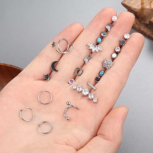 Yadoca 19Pairs Surgical Steel Flat Back Stud Earrings For Women Men Hypoallergenic Cartilage Earrings Stud Hoops Small Cz Heart Star Moon Opal Butterfly Helix Tragus Daith Earrings Piercing Jewelry 20G #TOP6