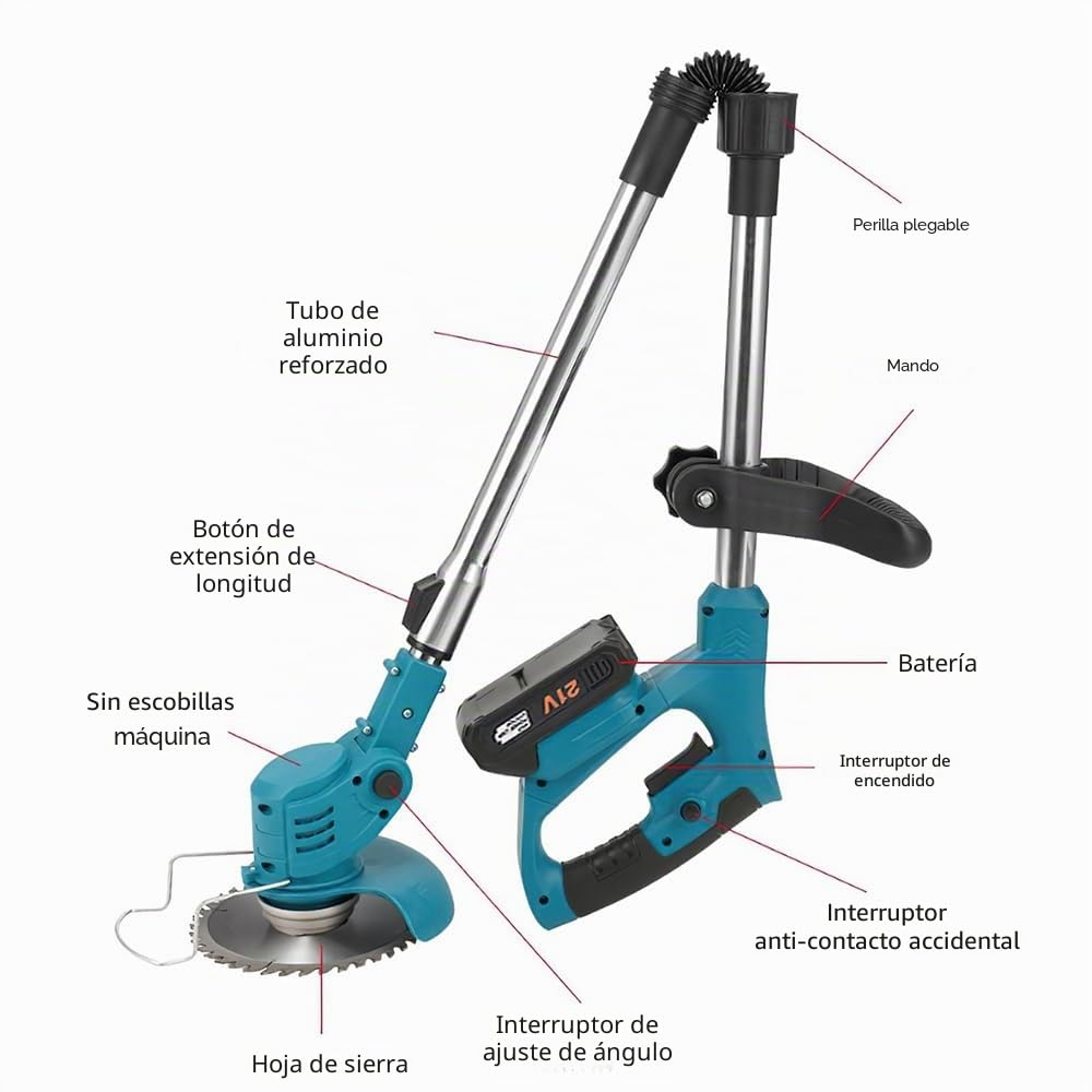 Cortacésped Eléctrico Inalámbrico, Cortacésped de Jardín 21V, Poste Telescópico, Cortacésped Profesional Silencioso con 8 Cuchillas y Juego de Ruedas, Cortacésped de Jardín Eléctrico (Dos Baterías)