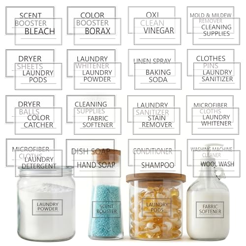 Minimalist Laundry Room Labels - 64 PCS Clear Waterproof Transparent Vinyl Stickers for Glass Jars, Spray Bottles, Detergent Dispensers & Containers - Home Organization & Storage