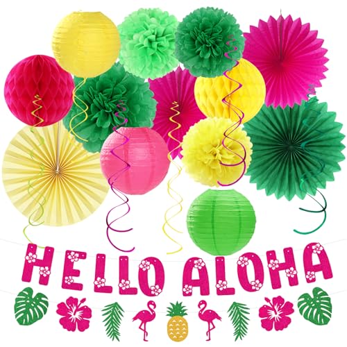 Image of Hawaiian Aloha-Luau Flamingo Party-Decorations Supplies - 21pcs Hello Banner,Pool Paper Lanterns Honeycomb,Beach Theme Streamers Garland,Tissue Pom Poms Flowers Fan,Tropical Summer Tiki Decor Burgleda