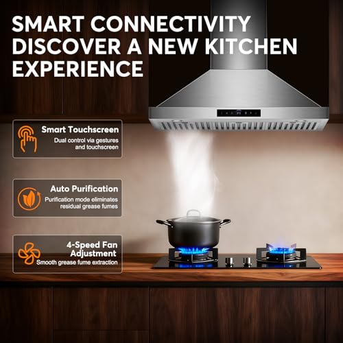 Image of 36 Inch Wall Mount Range Hood 1200 CFM, 4 Speed Remote Control Kitchen Wall Mount Range Hood with Motion Sensor & Adjustable LED Lighting Ducted /Ductless Convertible Pro Series