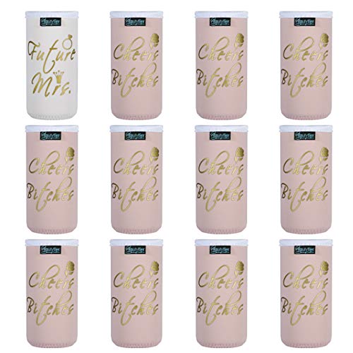 Beautyflier Set of 12 Neoprene Bachelorette Party Slim Can Sleeve Insulator Collapsible Drink Slim Can Cover for 12 Ounce Energy Drink Beverage Beer Can Bridal Shower (White & Pink)