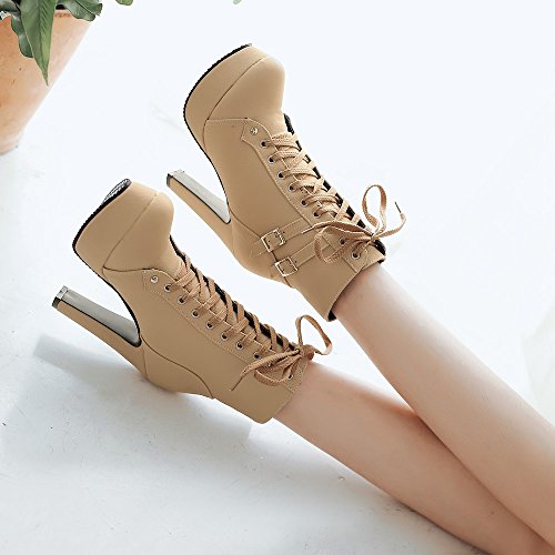 Susanny Women Autumn Round Toe Lace Up Ankle Buckle Chunky High Heel Platform Knight Beige Martin Boots 10 B (M) US (CN Size 42)