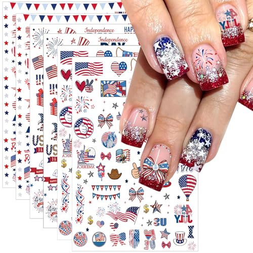 6pcs 4th of July Nail Stickers 3D Nail Decals Independence Day Nail Art Sticker for USA Flags Heart Star Stripe Letters Fireworks Nails Design Adhesive Sticker Patriotic Manicure Decorations for Women