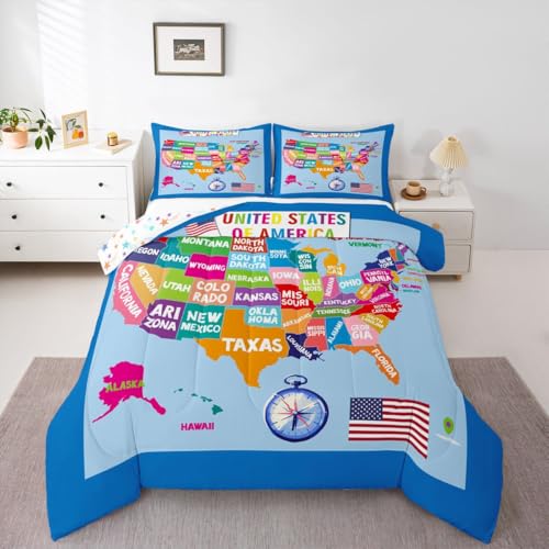 Image of Feelyou Geography USA Map Comforter Set Full Size, Educational Map Bedding Set for Kids World Geography Comforter Learning Educational Duvet Set Microfiber Bed Set