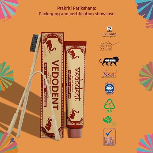 Image of Growfitz Vedodent Herbal Ayurvedic Red Toothpaste 100g, Toothbrush, Tongue Cleaner Combo Set | Teeth Whitening, No Artificial Colors | Goodness Of 21 Ayurvedic Herbs | Fresh Breath (Pack of 1)