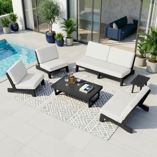 Image of Pia Ricoo 6-Piece Patio Furniture Set, Outdoor Sectional Sofa with Loveseat, 2 Chairs, Coffee Table & Side Table, All-Weather Conversation Set for Backyard /Deck /Lawn - Beige /Dark