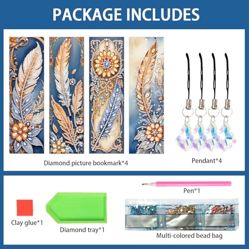 Image of 4-Pack 5D Diamond Painting Bookmarks Kit, DIY Diamond Art Bookmarks with Rhinestones and Tassels, Bohemian Unique Flower and Feather Designs, Handmade Bookmark Set for Adults, Gift for Book Lovers