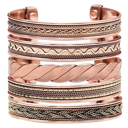 Crocon Exclusive Tibetan Copper Adjustable Magnetic Bangle Bracelets | set of 5 | Indian pattern | Unisex | Yoga | Jewelry | Spiritual | Meditation | Gorgeous Collection | Ideal Gift