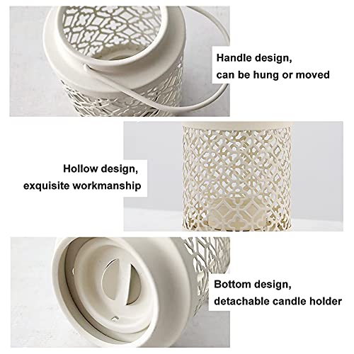 Wayuto Metal Candle Holder Set Of 2 Rustic Candle Holder Lantern Iron Candlestick Holder Hanging Lantern Retro Iron Hollow Lantern Indoor Outdoor For Desk Patio Garden Pathway Yard 7.2 Inch , White #TOP5